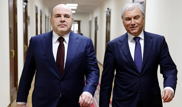 Russian Prime Minister Mikhail Mishustin, left, and Russian State Duma Chairman Vyacheslav Volodin  at a session of the State Duma in Moscow, Russia, Wednesday, April 3, 2024 (AP/Kremlin)