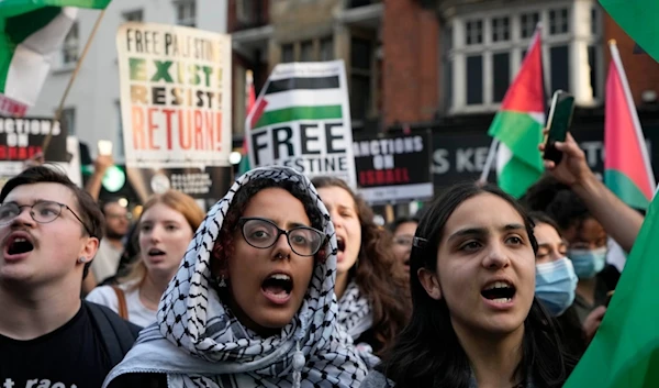 Protesters shout during a pro Palestinian demonstration in London, Monday, Oct. 9, 2023. (AP)