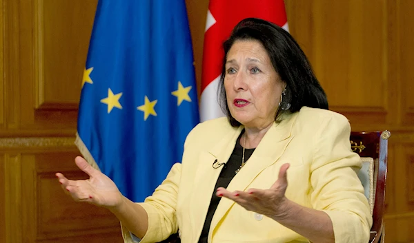 Georgian President Salome Zourabichvili gestures while speaking during an interview with The Associated Press, in Tbilisi, Georgia, Thursday, May 16, 2024. (AP)