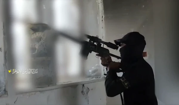 A screenshot from a video showing al-Quds Brigades freedom fighter targeting an Israeli Quadcopter in the skies of Gaza City on May 20, 2024. (Al-Quds Brigades Military Media)