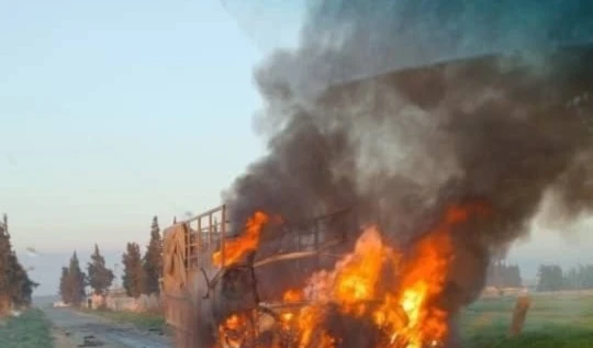 A truck on fire after being targeted by an Israeli drone in al-Qusayr, the countryside of Homs, Syria, on Sunday, February 25,2024. (Social media)