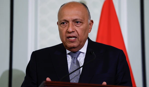 Egyptian Foreign Minister Sameh Shoukry holds a joint press conference with US Secretary of State Antony Blinken, during Blinken's visit to Cairo, Egypt, Thursday, March 21, 2024. (AP)