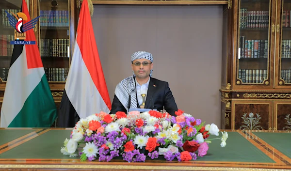 Yemeni Supreme Political Council leader Mahdi al-Mashat during a speech in Sanaa, Yemen, on May 21, 2024 (SABA)