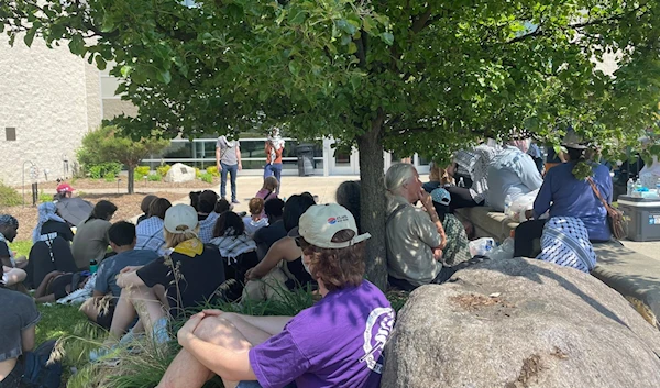 Protesters from the University of Michigan in front of the Washtenaw County courthouse in Ann Arbor Michigan US on May 21, 2024. ( Social media)