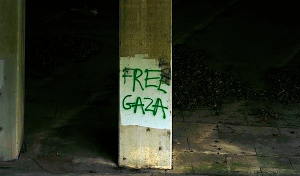 A spray painted "Free Gaza" is seen on a pillar near the commencement at Morehouse College, Sunday, May 19, 2024, in Atlanta. (AP)