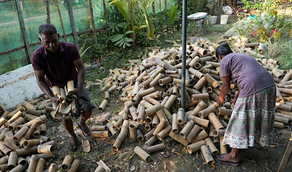 Murukesan and daughter Nimitha Manoj pick bamboo pieces from their home nursery for mangrove saplings to be planted on Vypin Island in Kochi, Kerala state, India, on March 4, 2023.(AP)