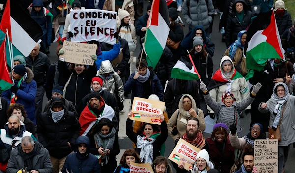 Pro-Palestinian demonstrators hold signs and wave flags during a rally in Brussels, January 21, 2024. (AP)