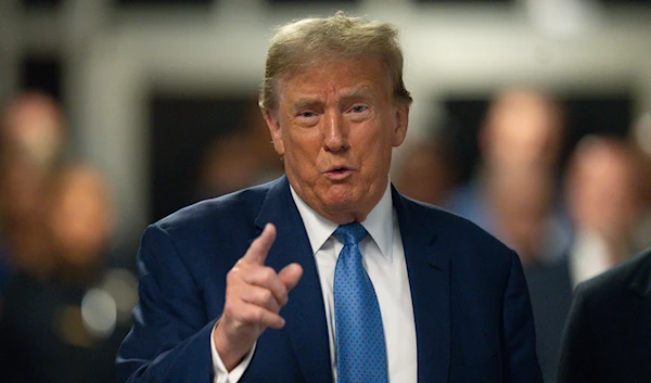 Former President Donald Trump speaks to reporters at Manhattan criminal court in New York, Monday, May 20, 2024. (AP/Pool)