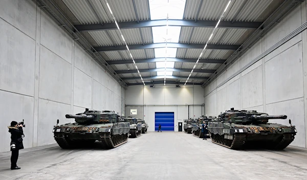 A view of Leopard 2 tanks at a production line in Unterluess, Germany, Monday Feb. 12, 2024. (AP)