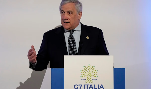 Italian Foreign Minister Antonio Tajani speaks to reporters during the final press conference at the G7 Foreign Ministers meeting on Capri Island, Italy, Friday, April 19, 2024. (AP)