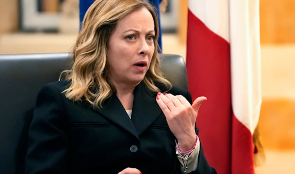 Italian Prime Minister Giorgia Meloni, gestures during a meeting with her Lebanese counterpart Najib Mikati, at the government palace, in Beirut, Lebanon, Wednesday, March 27, 2024. (AP)