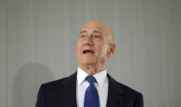 Former Israeli Prime Minister Ehud Olmert takes questions from reporters after a news conference in New York, Tuesday, Feb. 11, 2020. (AP)