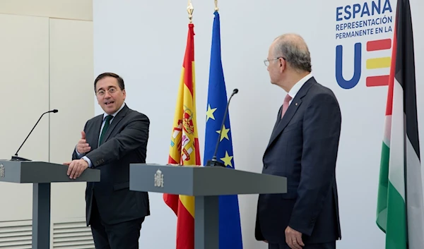 Spanish Foreign Minister Jose Manuel Albanese meets the Foreign Minister of the State of Palestine, Mohammad Mustafa, in Brussels on May 26, 2024. (Social media)