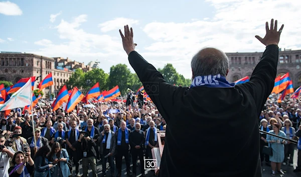 Archbishop Bagrat Galstanyan announced as the sole candidate for the Armenian opposition calling on prime Minister Nikol Pashinyan to resign on May 26, 2024. (Social media)