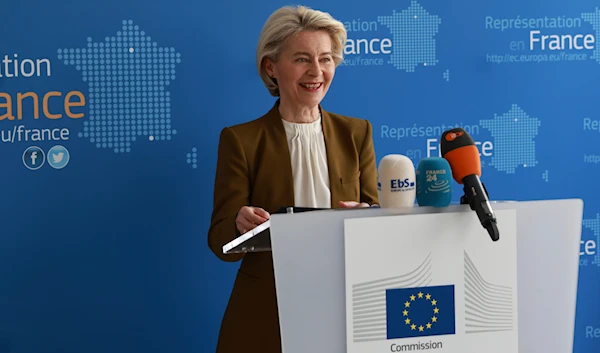 European Commission President Ursula von der Leyen delivers her speech after a meeting with French President Emmanuel Macron and China's President Xi Jinping, Monday, May 6, 2024, in Paris.(AP)