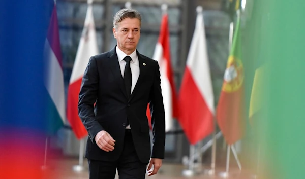 Slovenia's Prime Minister Robert Golob arrives for an EU summit in Brussels, Thursday, April 18, 2024 (AP)