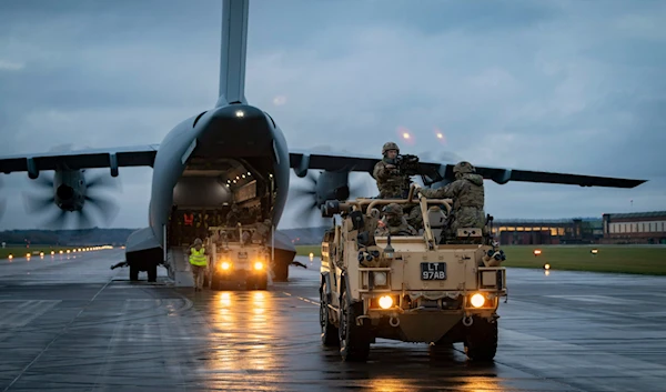 Jackal 2 Reconnaissance vehicles drive off the Royal Air Force (RAF) ATLAS C.1 (A400M) aircraft. Photo: Cpl Aaron J Stone/UK Ministry of Defence