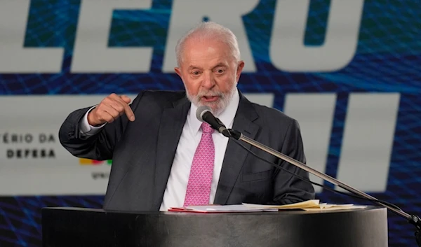 Brazilian President Luiz Inacio Lula da Silva speaks during the launch ceremony of the Tonelero submarine, made in Brazil with French technology, in Itaguai, Rio de Janeiro state, Brazil, Wednesday, March 27, 2024. (AP)