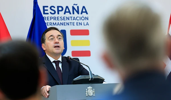 Spain's Foreign Minister Jose Manuel Albares Bueno addresses a media conference prior to talks on the Middle East in Brussels, Monday, May 27, 2024. (AP)