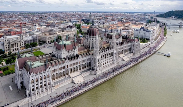 Protesters are seen marching in the streets of Budapest, Hungary, June 1, 2024. (X, @AdamSamuBalazs)