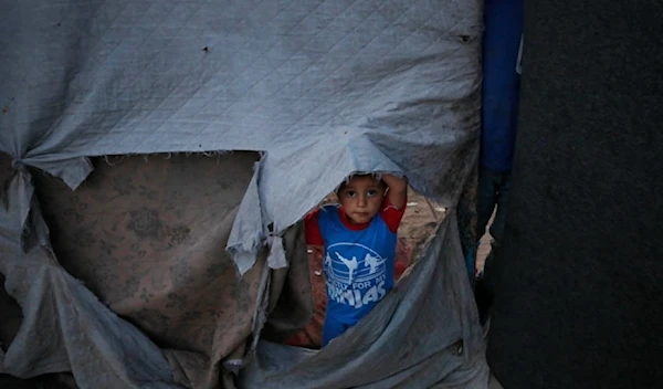 A Palestinian child living in a tent in Rafah after being forcibly displaced with his family amid the Israeli genocide (UNRWA)