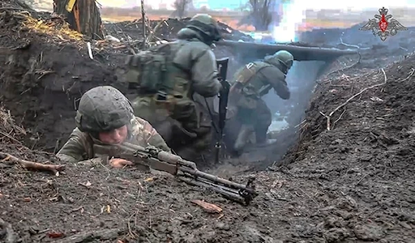 In this photo released by the Russian Defense Ministry Press Service on Monday, April 15, 2024, Russian soldiers participate in a military exercise in the Donetsk region. (AP)