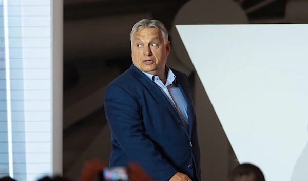 Hungarian Prime Minister Viktor Orban arrives to address the media after receiving the results of the European Parliamentary elections in Budapest, Hungary, Monday, June 10, 2024. (AP)