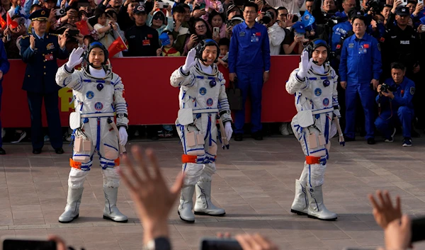 Chinese astronauts for the Shenzhou-18 mission - Ye Guangfu, Li Cong, and Li Guangsu as they attend a send-off ceremony at the Jiuquan Satellite Launch Center in China, Thursday, April 25, 2024. (AP)