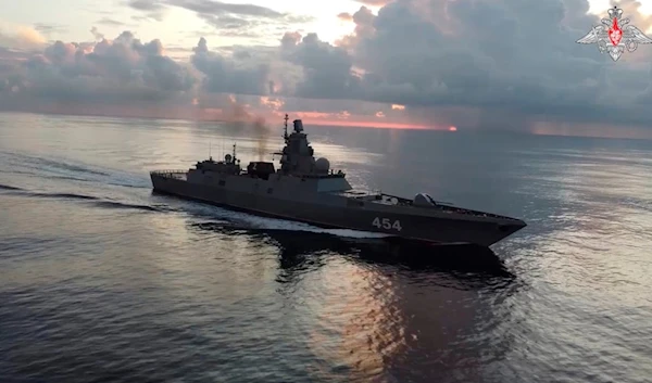 In this photo taken from video released by Russian Defense Ministry Press Service on Tuesday, June 11, 2024, the Russian navy's Admiral Gorshkov frigate is seen en route to Cuba. (AP)