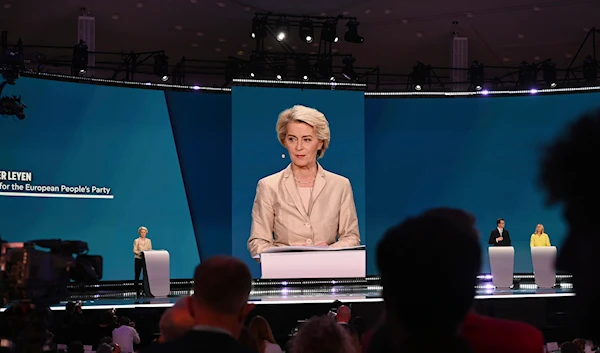 European Commission President Ursula von der Leyen, speaks during an election event at the European Parliament in Brussels, Sunday, June 9, 2024. (AP)