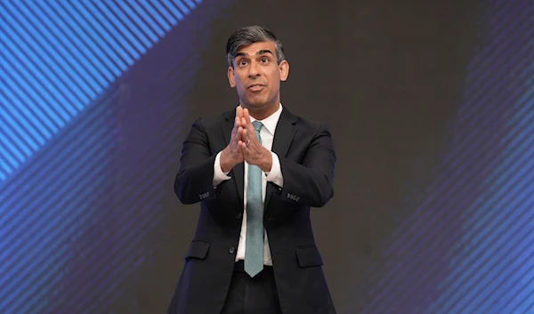 Britain's Prime Minister Rishi Sunak addresses the audience during the Sky News election debate in Grimsby, England, June 12, 2024 (AP)