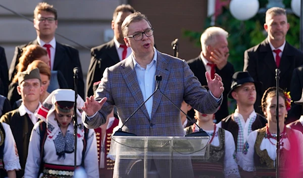 Serbian President Aleksandar Vucic speaks during the gathering the "All-Serb Assembly" in Belgrade, Serbia, Saturday, June 8, 2024. (AP)