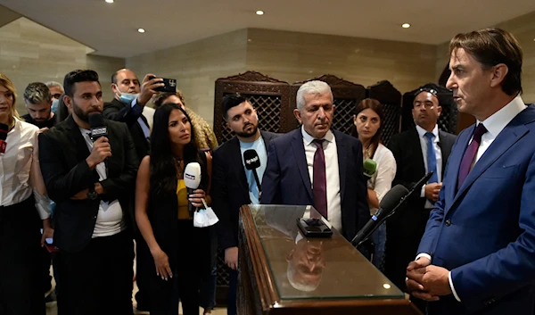 US special envoy Amos Hochstein addresses the media after meeting with Lebanon's parliament speaker in Beirut on June 18, 2024. (AFP)