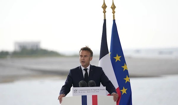 French President Emmanuel Macron delivers a speech during a ceremony Tuesday, June 18, 2024 on the Île de Sein, Brittany. (AP)