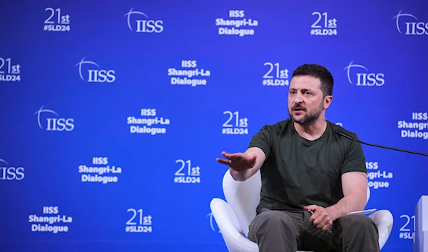 Ukrainian President Volodymyr Zelensky speaks during a press conference after the 21st Shangri-La Dialogue summit at the Shangri-La Hotel in Singapore, June 2, 2024 (AP)