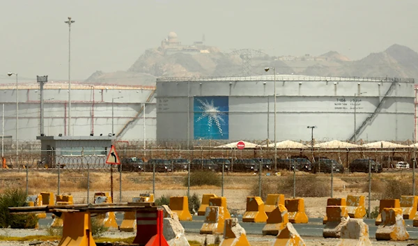 Storage tanks are seen at the North Jeddah bulk plant, an Aramco oil facility, in Jeddah, Saudi Arabia, on March 21, 2021 (AP)