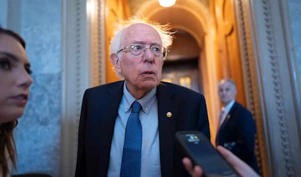 US Senator Bernie Sanders speaks with reporters at the Capitol in Washington, April 23, 2024 (AP)