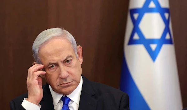 Israeli occupation Prime Minister Benjamin Netanyahu attends the weekly cabinet meeting in the prime minister's office in al-Quds, occupied Palestine, June 25, 2023. (AP)