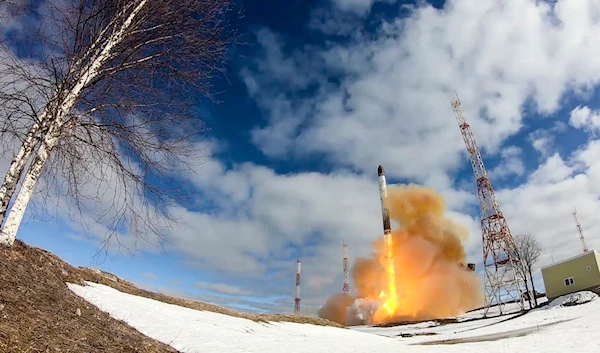 In this photo released by Russian Defense Ministry Press Service on April 20, 2022, a Sarmat intercontinental ballistic missile is launched from Plesetsk in northwestern Russia (Russian Defense Ministry Press Service via AP)