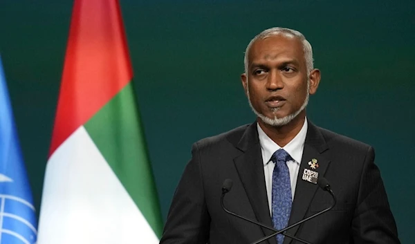 Maldives President Mohamed Muizzu speaks during a plenary session at the COP28 U.N. Climate Summit, Dec. 1, 2023, in Dubai, United Arab Emirates (AP)