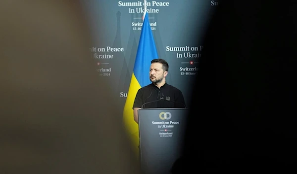 Ukraine's President Volodymyr Zelenskyy speaks during the closing press conference of the Ukraine peace summit in Obbürgen, Switzerland, Sunday, June 16, 2024. (AP)