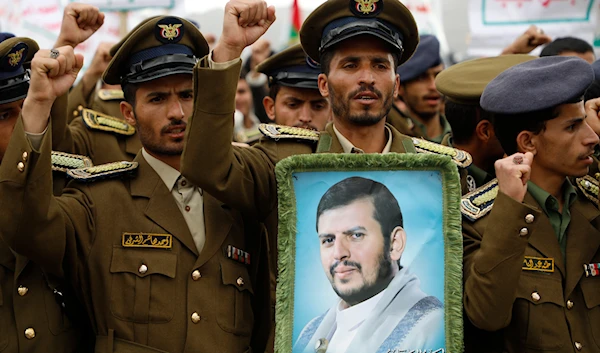 Houthi supporters attend a rally against the US-led strikes against Yemen and in support of Palestinians in the Gaza Strip, in Sanaa, Yemen, February 16, 2024 (AP)