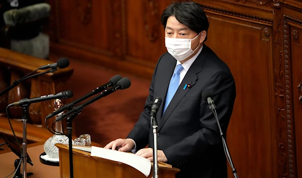 Japanese Foreign Minister Yoshimasa Hayashi delivers a speech at the lower house on January 17, 2022, in Tokyo. (AP)