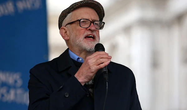 Former Labour party leader Jeremy Corbyn speaks at a protest rally in central London on March 11, 2023. (AFP)