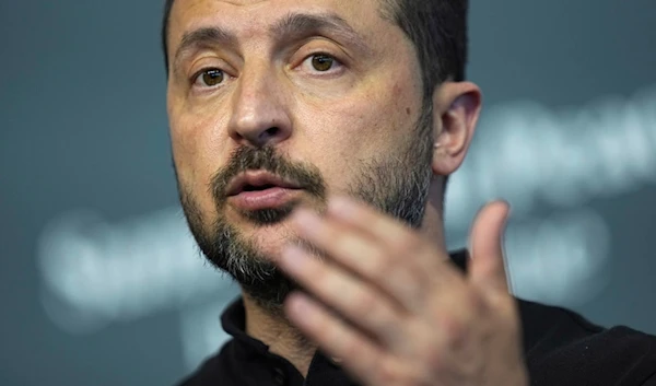 Ukraine's President Volodymyr Zelenskyy speaks during a press conference at the Ukraine peace summit in Obbürgen, Switzerland, Sunday, June 16, 2024. (AP)