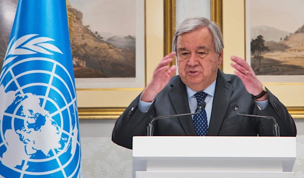 United Nations Secretary-General Antonio Guterres speaks to journalists in Doha, Qatar, Monday, Feb. 19, 2024. (AP)