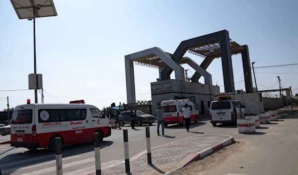 Ambulances with Palestinians wounded in the Israeli occupation bombardment of the Gaza Strip arrive at Rafah border crossing to Egypt Wednesday, Nov. 1, 2023. (AP)