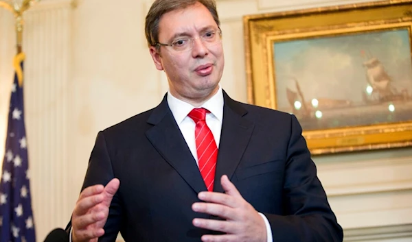 Serbian Prime Minister Aleksander Vucic speaks to members of the media during his meeting with Secretary John Kerry at the State Department in Washington, Wednesday, Sept. 16, 2015. (AP)