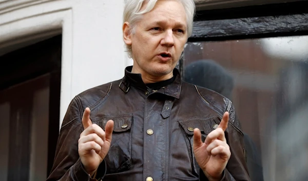 Julian Assange speaks to the media outside the Ecuadorian embassy in London, May 19, 2017. (AP)