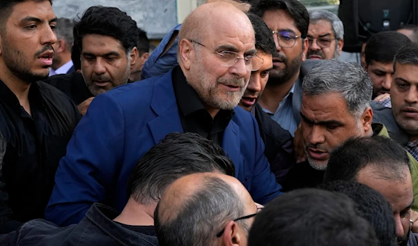 Iran's parliament speaker Mohammad Bagher Qalibaf, the most prominent candidate for the June 28, presidential election, leaves a campaign meeting in Tehran, Iran, Saturday, June 15, 2024. (AP)